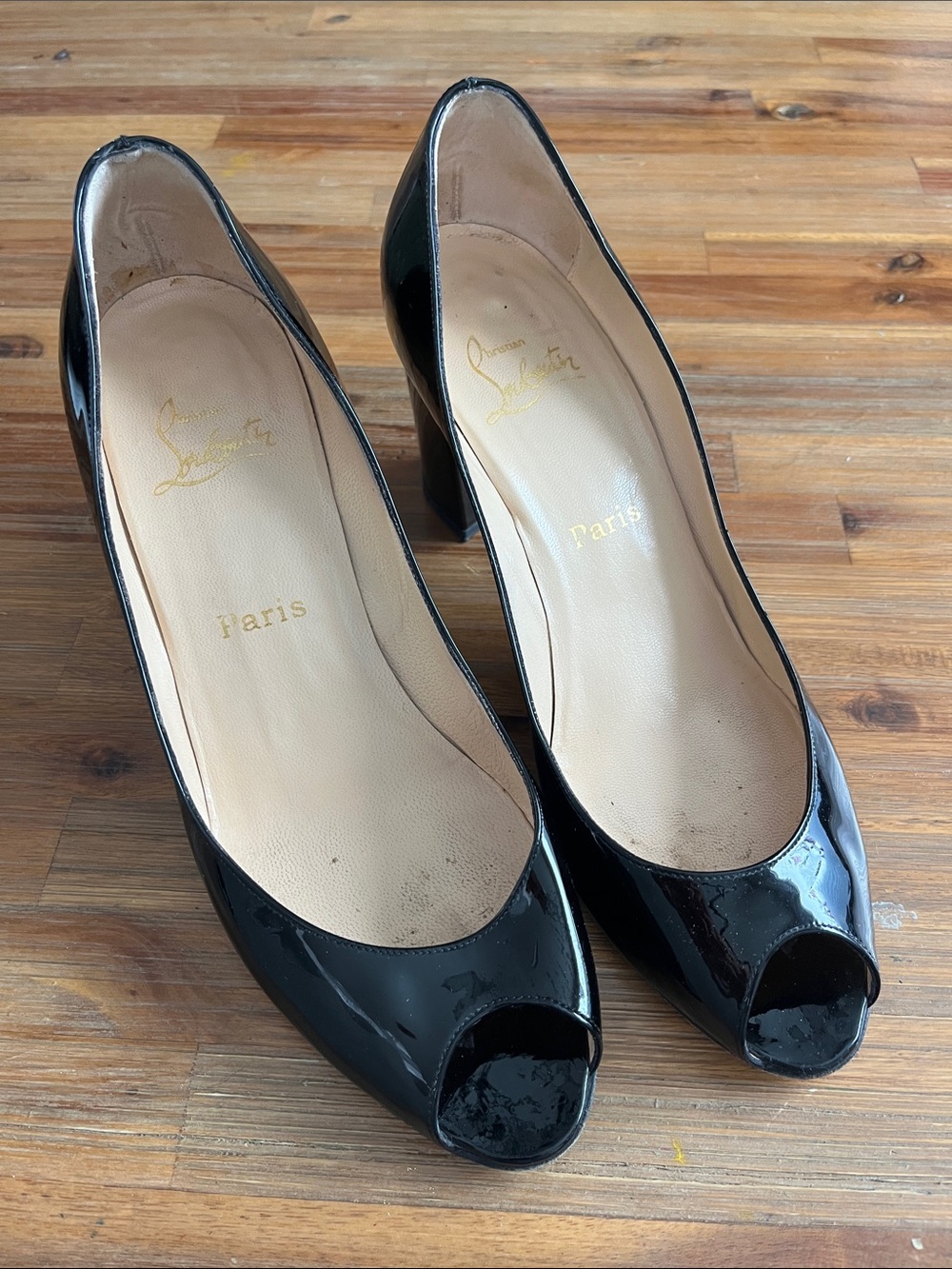 Christian Louboutin Black Patent Leather Peep-Toe Block Heels 40